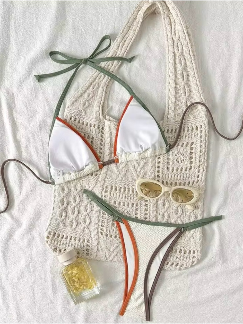 Cream Textured Triangle Bikini with Green & Rust Trim - Picture 4 of 10
